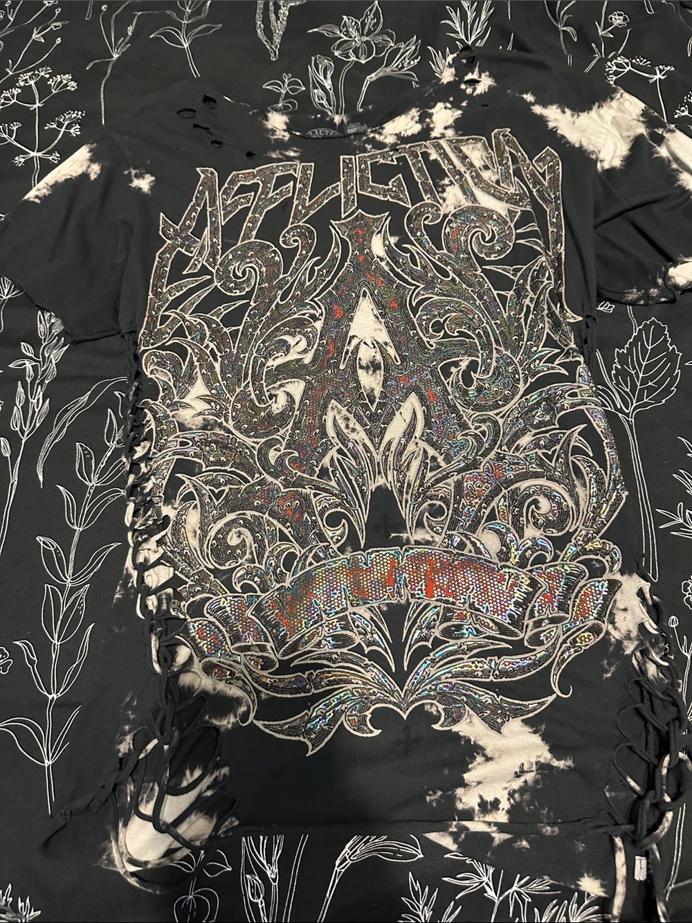 Affliction Black and White Bleached Embellished Graphic Tee